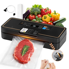 Black UPRUBE digital vacuum food sealer machine with wet & dry sealing modes, built-in cutter, external vacuum hose and sealer roll for steak, vegetable kitchen food storage