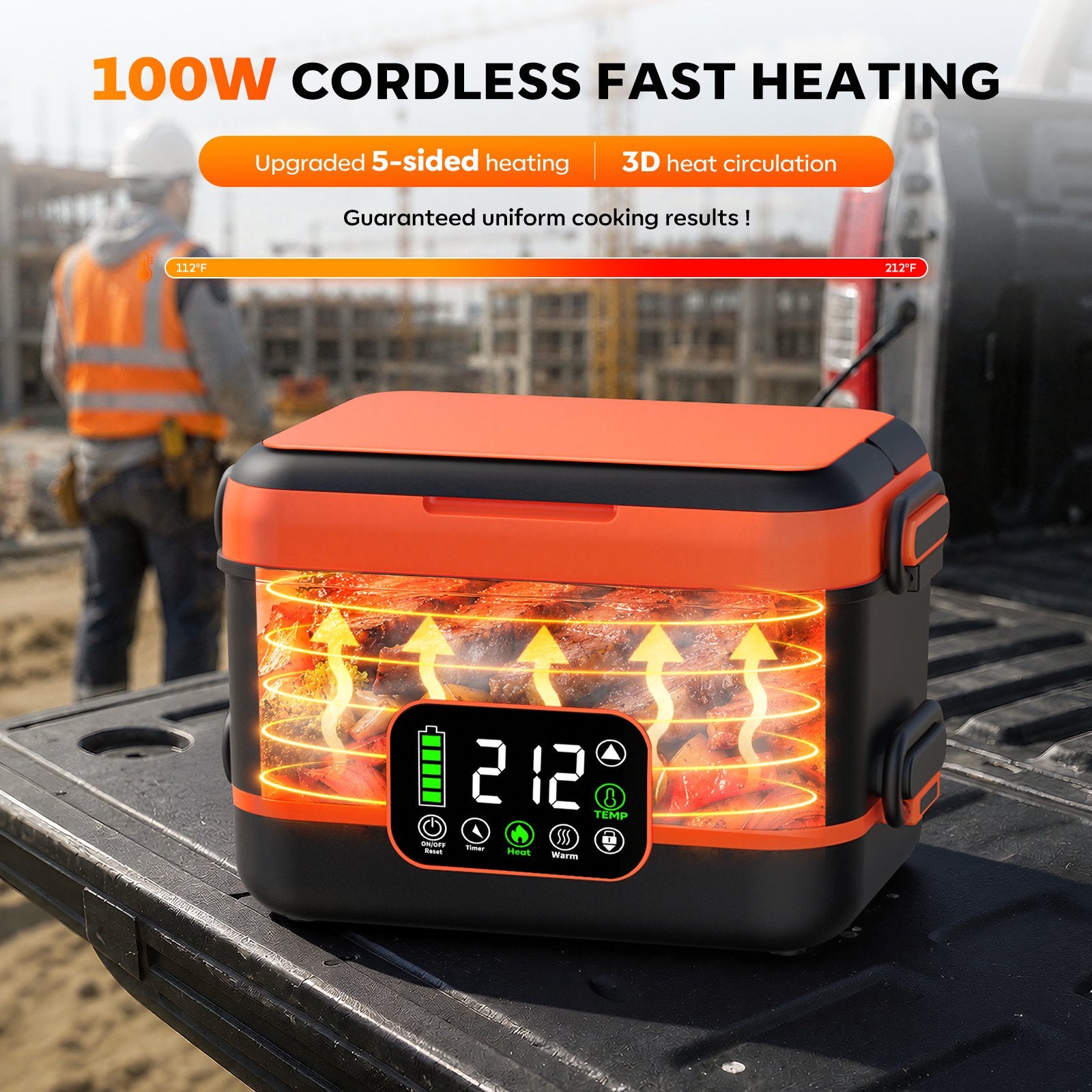 Uprube 5-Sided Heating Wireless Electric Lunch Box, 1.5L Portable Food Warmer, Leak-proof Stainless Steel Container, Rechargeable, Orange