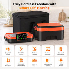 Uprube 5-Sided Heating Wireless Electric Lunch Box, 1.5L Portable Food Warmer, Leak-proof Stainless Steel Container, Rechargeable, Orange
