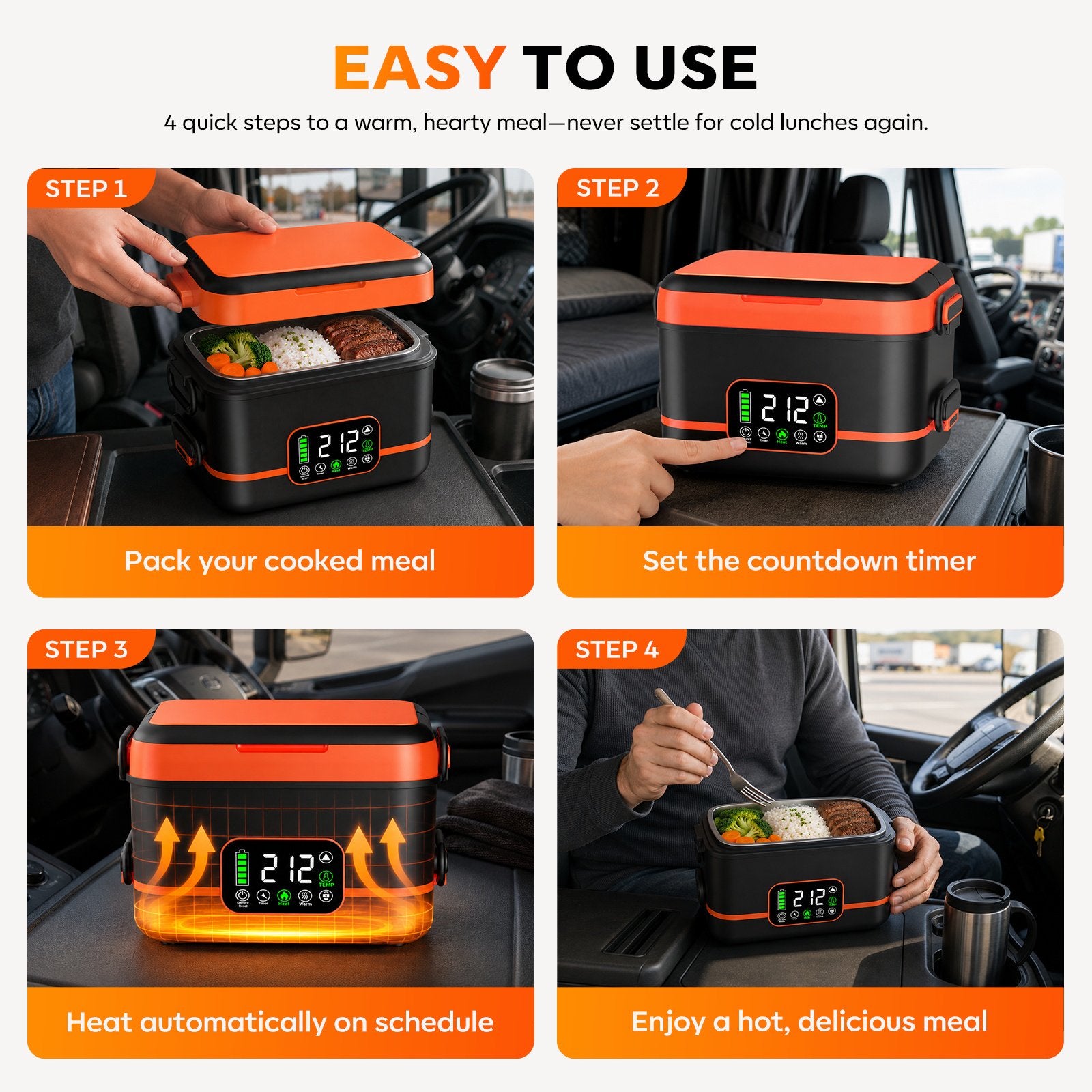 Uprube 5-Sided Heating Wireless Electric Lunch Box, 1.5L Portable Food Warmer, Leak-proof Stainless Steel Container, Rechargeable, Orange