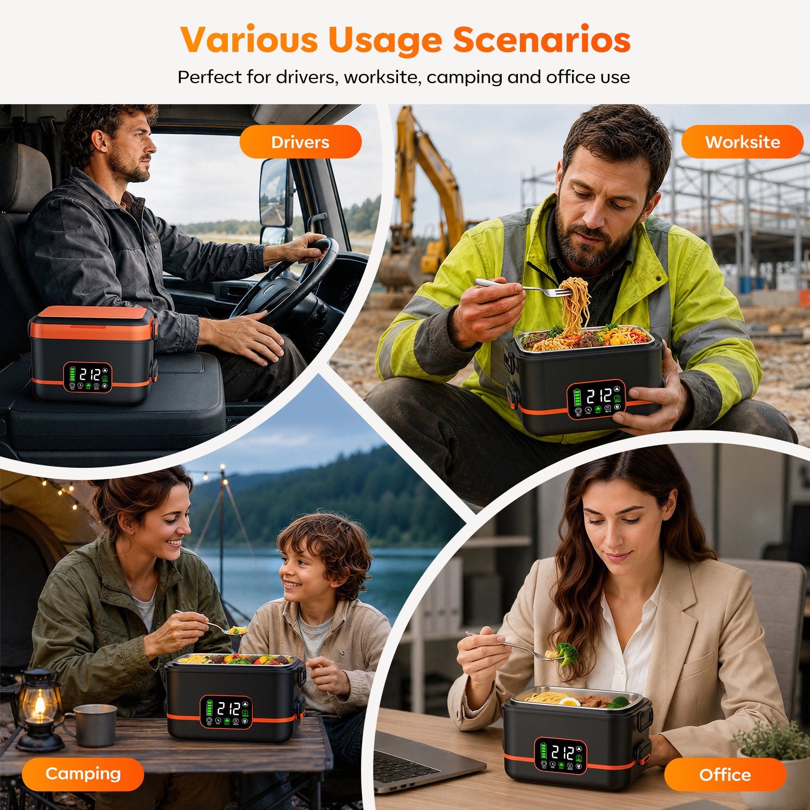 Uprube 5-Sided Heating Wireless Electric Lunch Box, 1.5L Portable Food Warmer, Leak-proof Stainless Steel Container, Rechargeable, Orange
