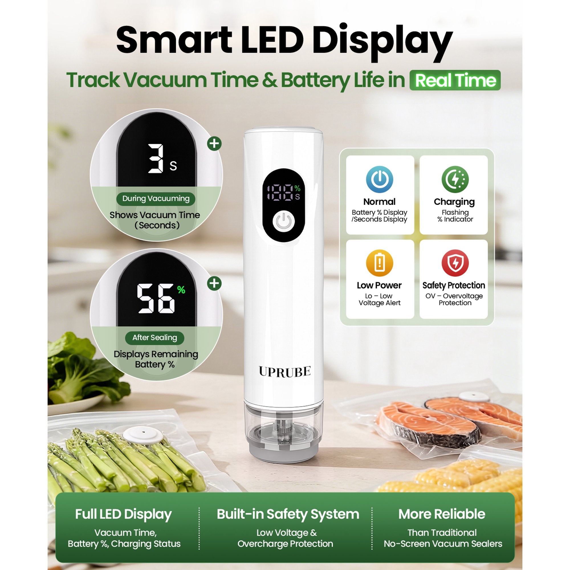 UPRUBE Portable Handheld Vacuum Food Sealer with LED Display | 30 BPA-Free Vacuum Bags Included