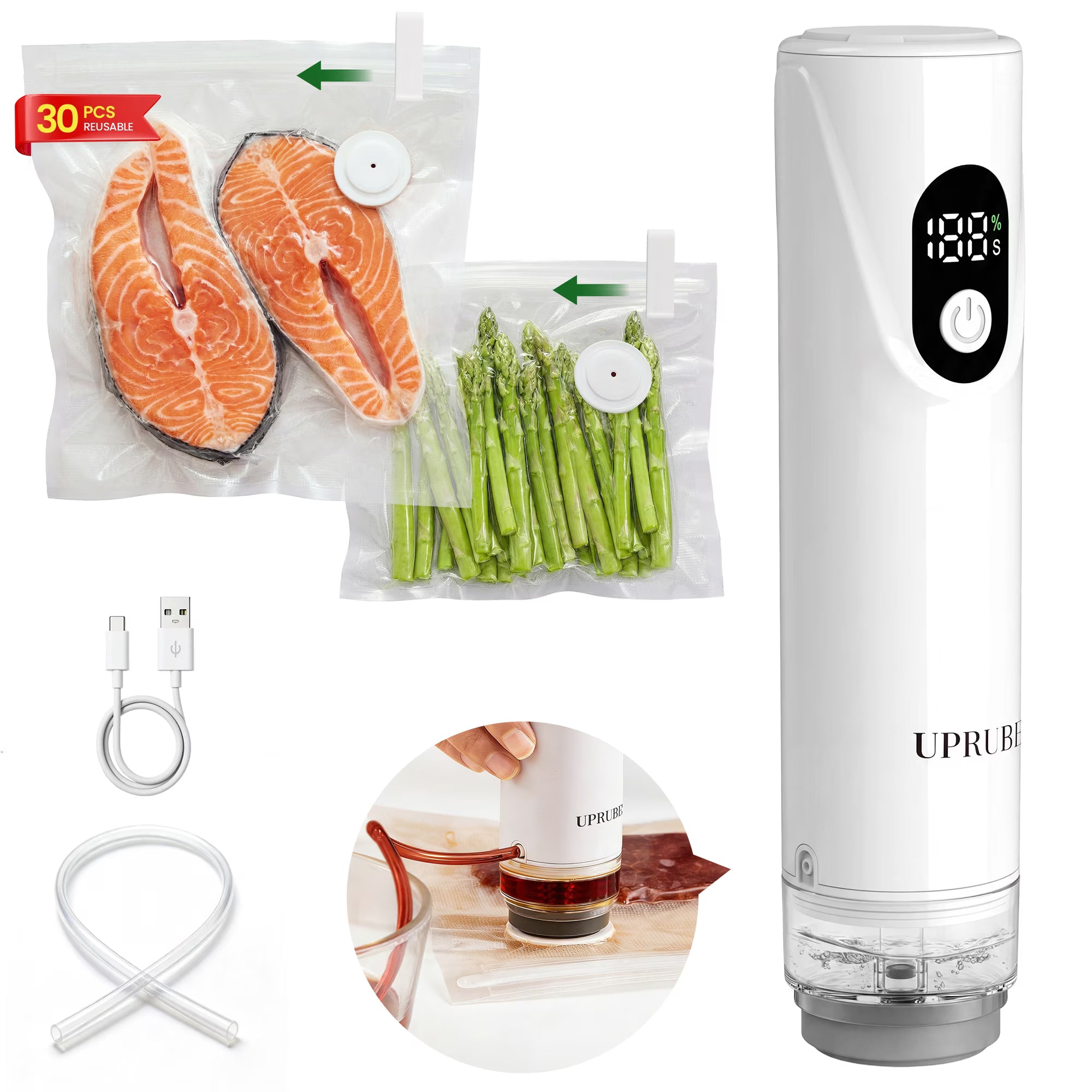 UPRUBE Portable Handheld Vacuum Food Sealer with LED Display | 30 BPA-Free Vacuum Bags Included