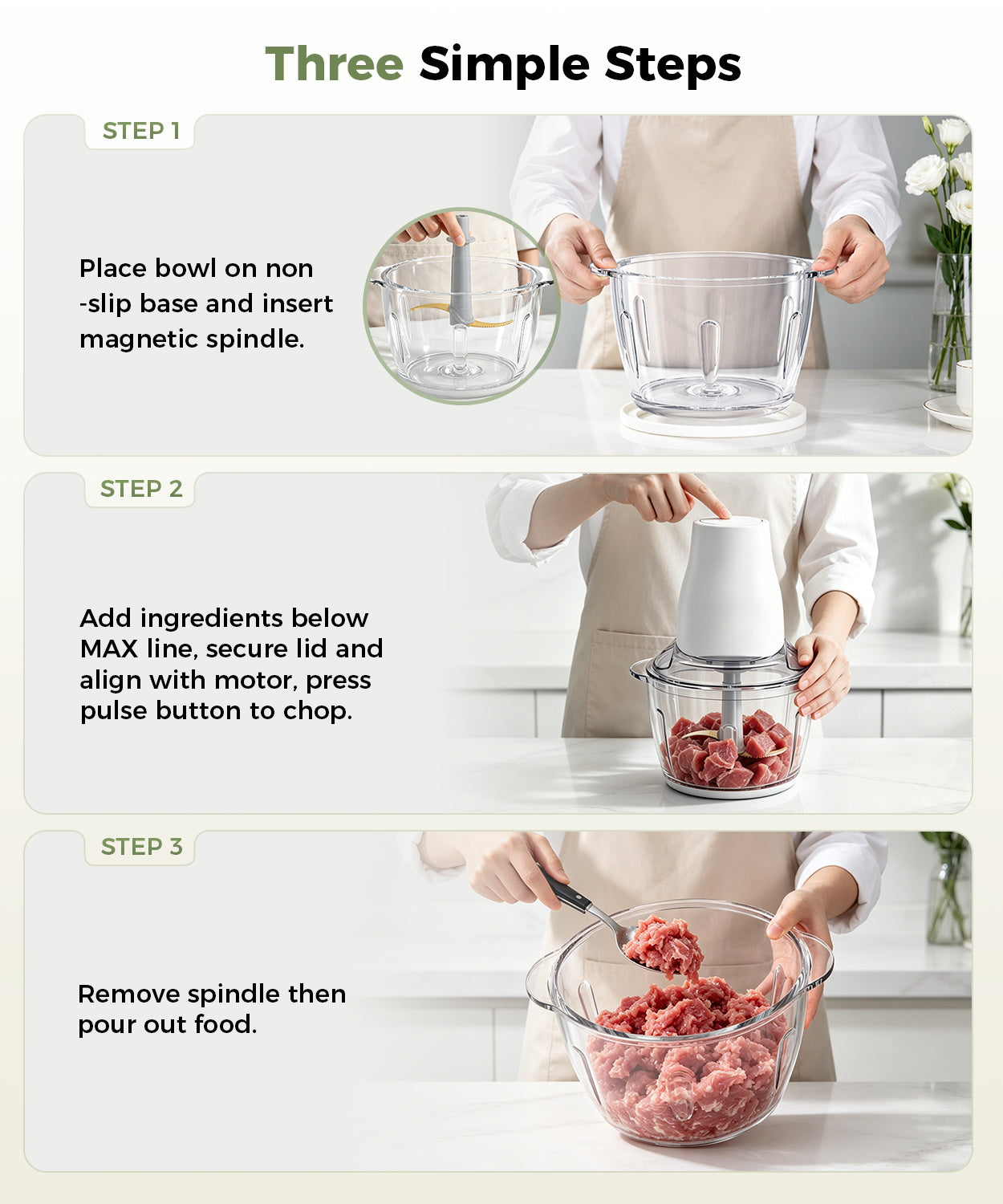 Uprube 5 Cup Mini Food Processor, Electric Food Chopper with Titanium Blade, 1.2L Glass Vegetable Chopper for Garlic, Onion, Meat, White