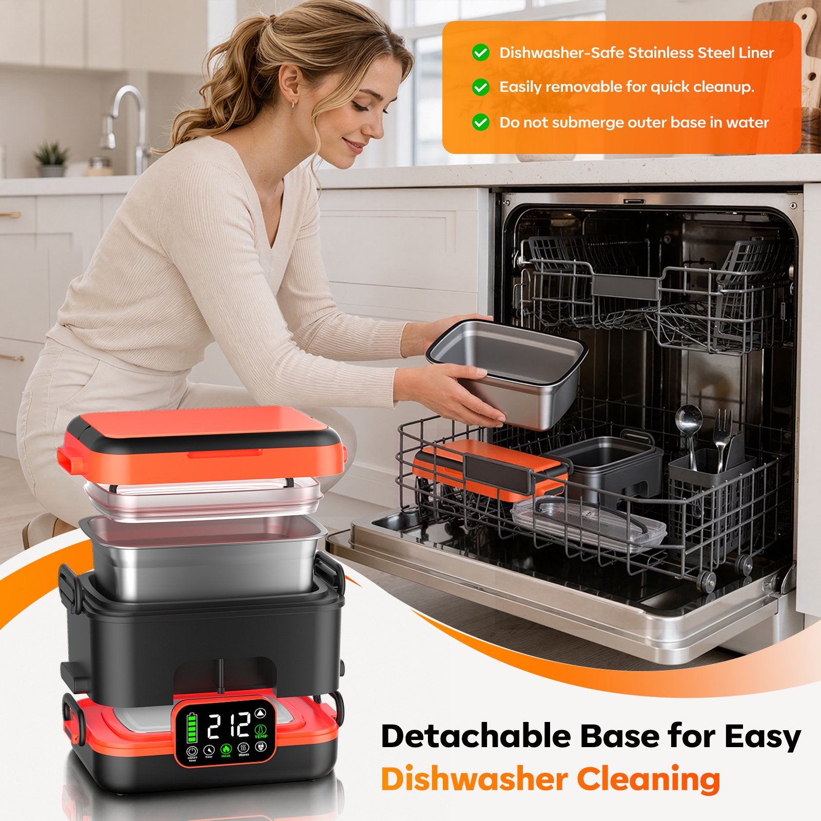 Uprube 5-Sided Heating Wireless Electric Lunch Box, 1.5L Portable Food Warmer, Leak-proof Stainless Steel Container, Rechargeable, Orange