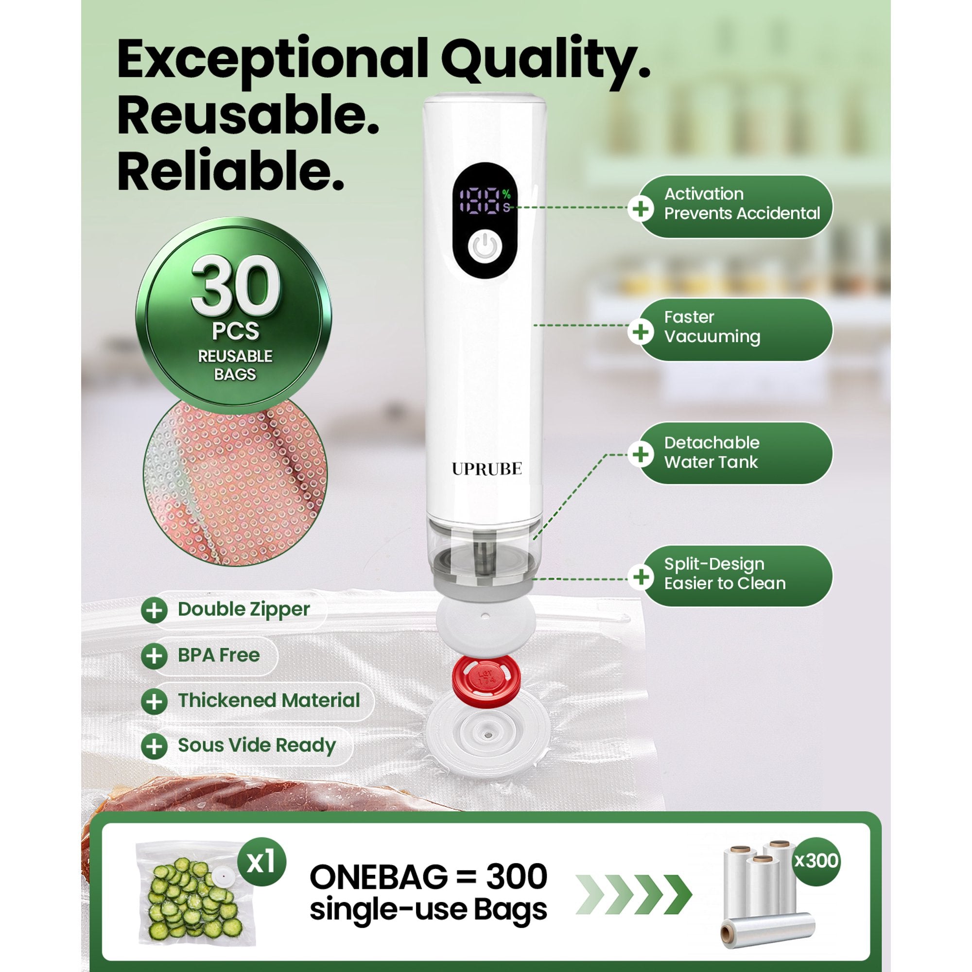 UPRUBE Portable Handheld Vacuum Food Sealer with LED Display | 30 BPA-Free Vacuum Bags Included