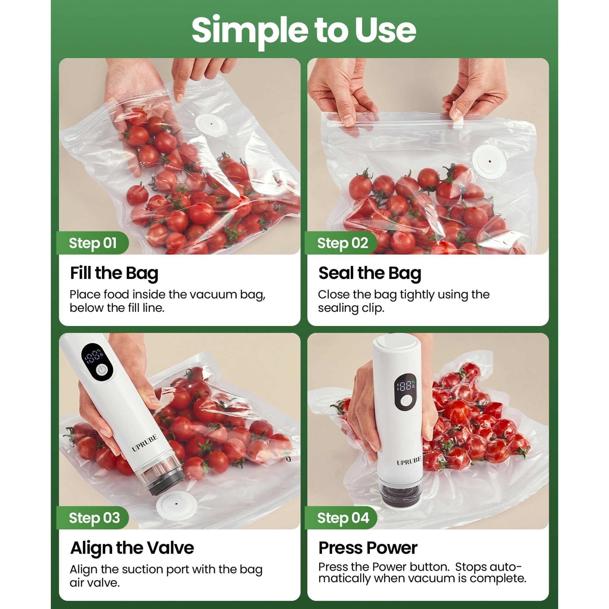 UPRUBE Portable Handheld Vacuum Food Sealer with LED Display | 30 BPA-Free Vacuum Bags Included