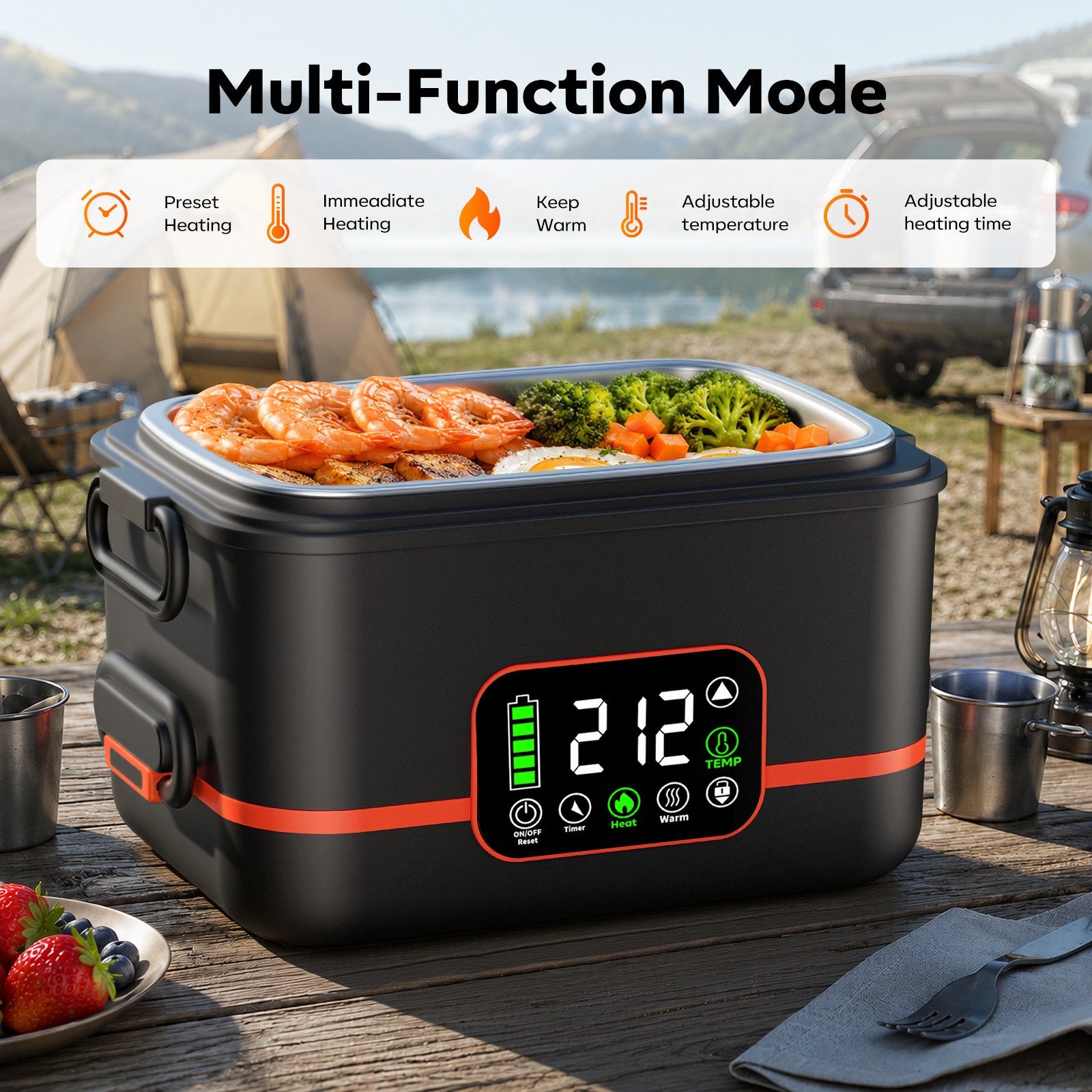 Uprube 5-Sided Heating Wireless Electric Lunch Box, 1.5L Portable Food Warmer, Leak-proof Stainless Steel Container, Rechargeable, Orange