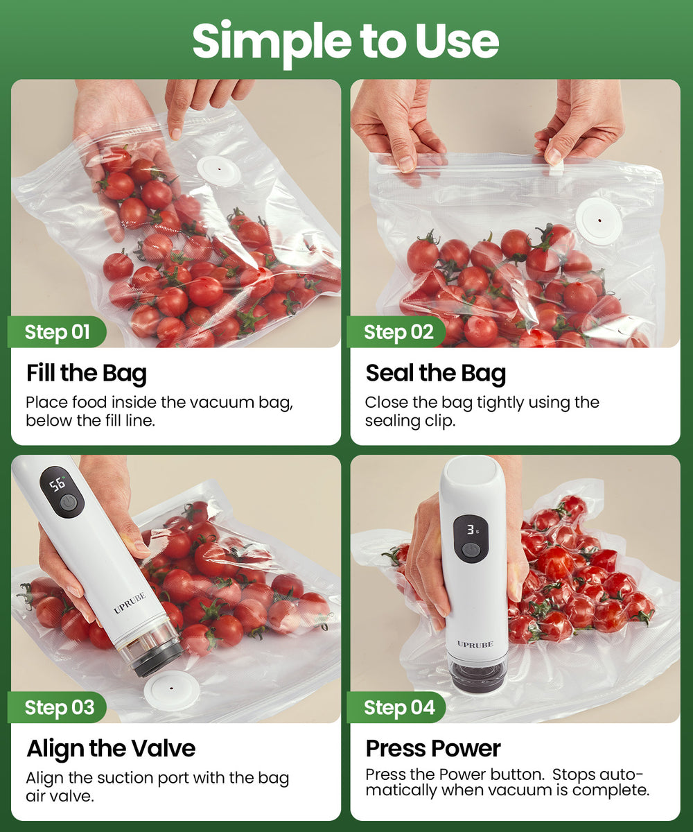 4-step user guide for UPRUBE handheld vacuum sealer, easy operation steps to vacuum seal food with reusable storage bags, one-button auto-stop food preservation pump tutorial
