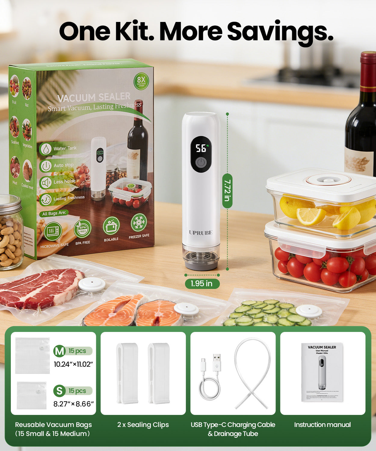 UPRUBE handheld vacuum sealer complete bundle kit, includes 30 reusable vacuum bags, sealing clips, USB charging cable, drainage tube and user manual with product dimension specification
