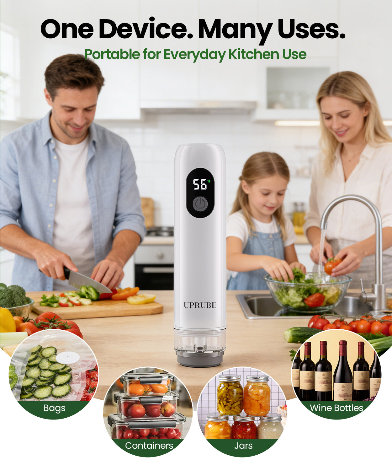 UPRUBE portable handheld vacuum sealer for multiple kitchen uses, works with vacuum bags, food containers, glass jars and wine bottles for household food preservation