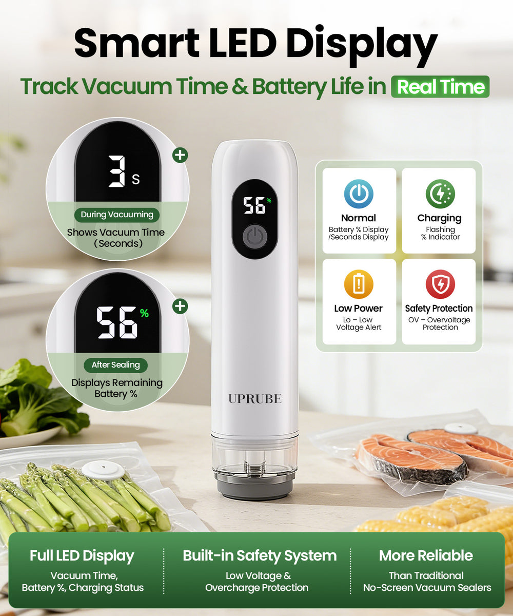 UPRUBE handheld vacuum sealer with smart LED display, real-time vacuum time and battery percentage monitoring, built-in overcharge & low voltage safety protection for food storage