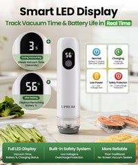 UPRUBE handheld vacuum sealer with smart LED display, real-time vacuum time and battery percentage monitoring, built-in overcharge & low voltage safety protection for food storage