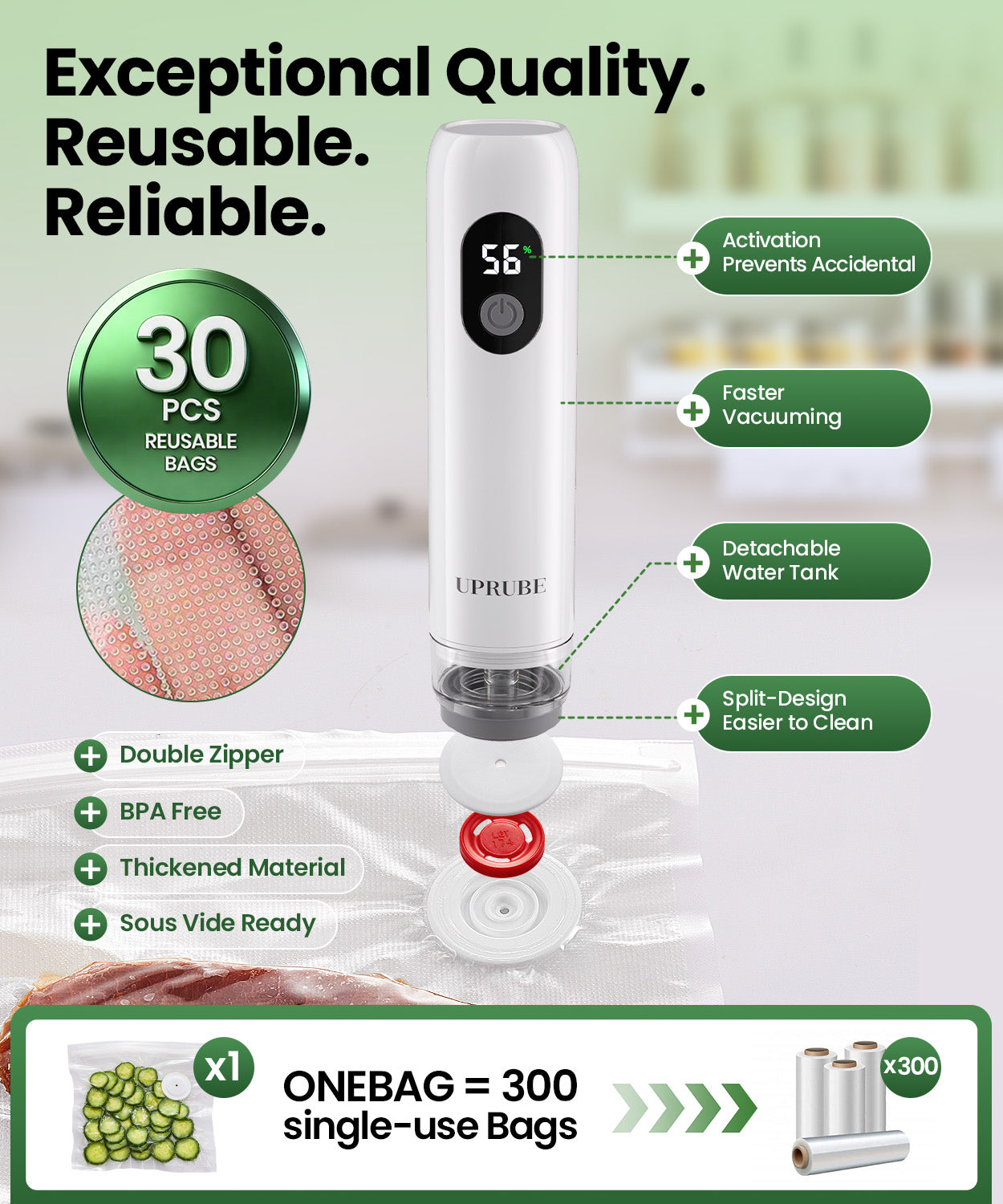 UPRUBE handheld vacuum sealer comes with 30 reusable BPA-free vacuum bags, thick double zipper sous vide storage bags, fast vacuuming detachable cleanable food preservation pump
