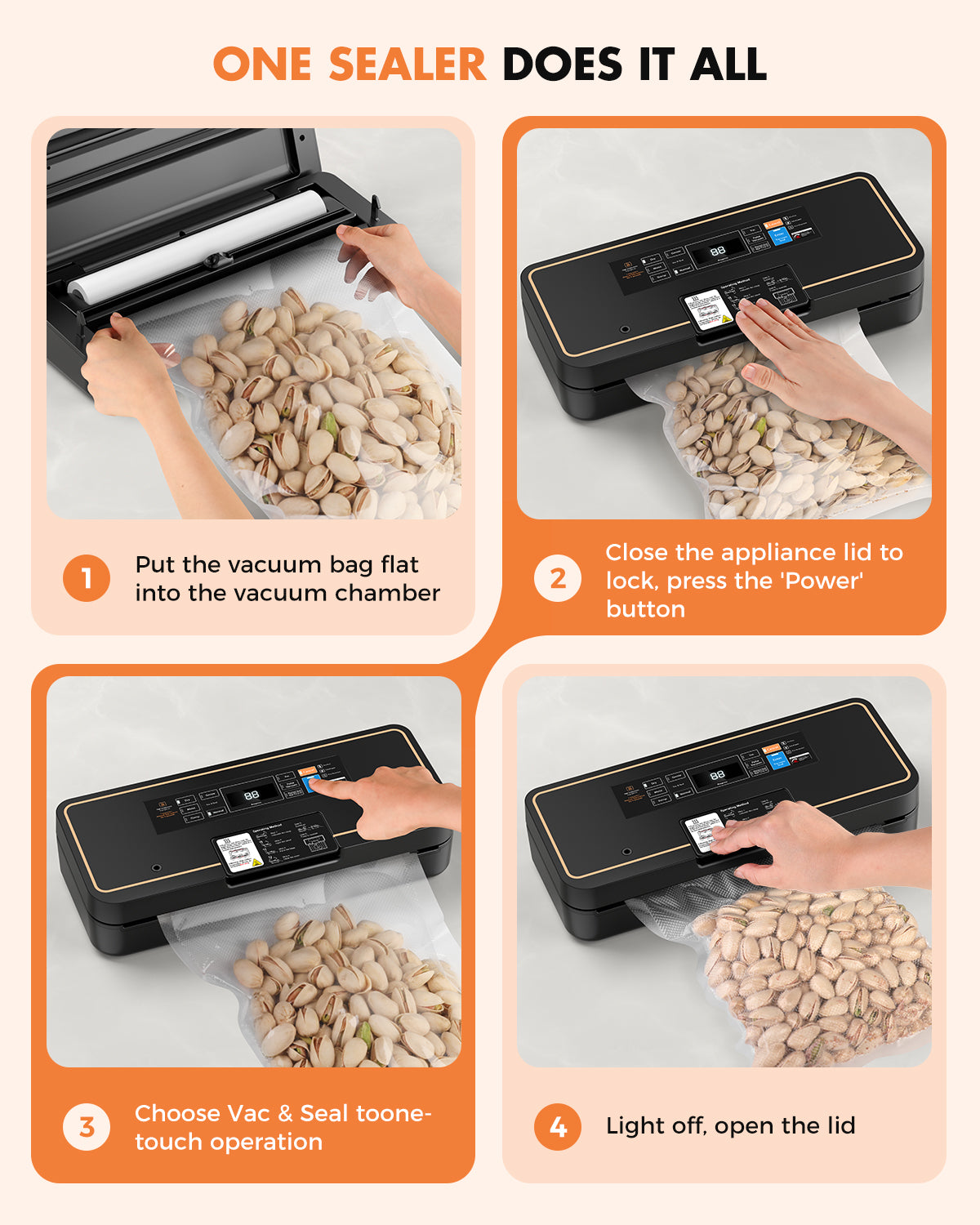 UPRUBE automatic vacuum food sealer 4-step easy operation guide, one-touch control design, simple steps to vacuum seal nuts, meat and vegetables for household food preservation