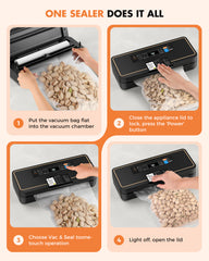UPRUBE automatic vacuum food sealer 4-step easy operation guide, one-touch control design, simple steps to vacuum seal nuts, meat and vegetables for household food preservation