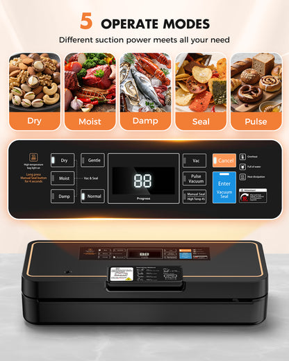 UPRUBE vacuum food sealer with 5 operation modes, dry, moist, damp, seal and pulse modes, adjustable suction power for all kinds of food preservation needs
