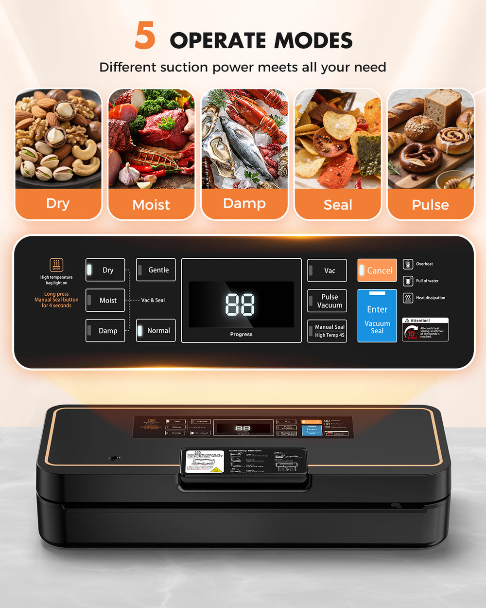 UPRUBE vacuum food sealer with 5 operation modes, dry, moist, damp, seal and pulse modes, adjustable suction power for all kinds of food preservation needs
