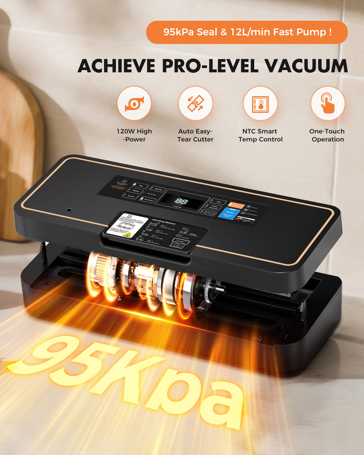 Pro-grade UPRUBE vacuum food sealer machine with 95kPa strong suction, 12L/min fast pumping speed, 120W high power, built-in tear cutter and NTC smart temperature control for food preservation