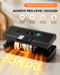 Pro-grade UPRUBE vacuum food sealer machine with 95kPa strong suction, 12L/min fast pumping speed, 120W high power, built-in tear cutter and NTC smart temperature control for food preservation