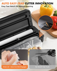 UPRUBE vacuum food sealer with innovative built-in auto easy-tear cutter, designed with tear notch for convenient manual opening of vacuum storage bags, no scissors required
