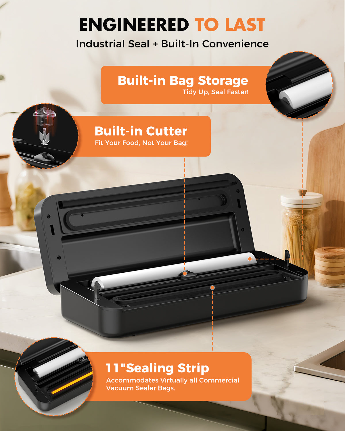 UPRUBE vacuum food sealer with built-in bag storage compartment, integrated cutter and 11-inch wide sealing strip, industrial-grade sealing for most standard vacuum bags
