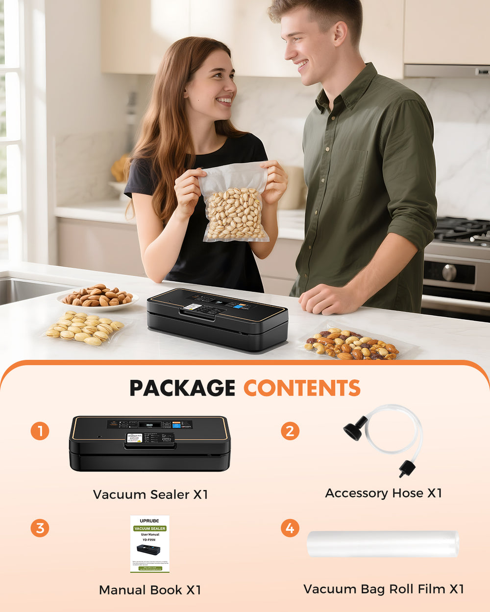 UPRUBE vacuum food sealer complete package contents, includes main sealer machine, external suction hose, user manual and 1 roll of vacuum bag for household wet & dry food storage

