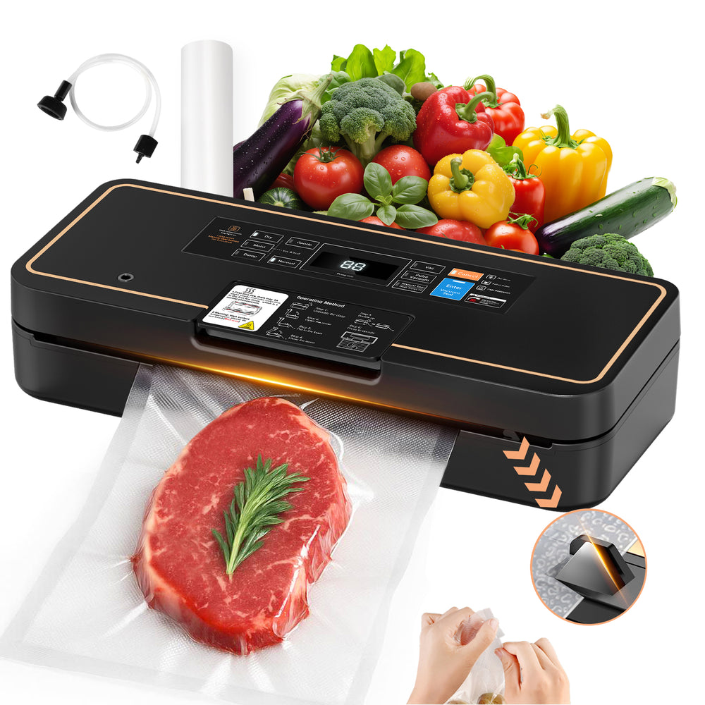 Black UPRUBE digital vacuum food sealer machine with wet & dry sealing modes, built-in cutter, external vacuum hose and sealer roll for steak, vegetable kitchen food storage